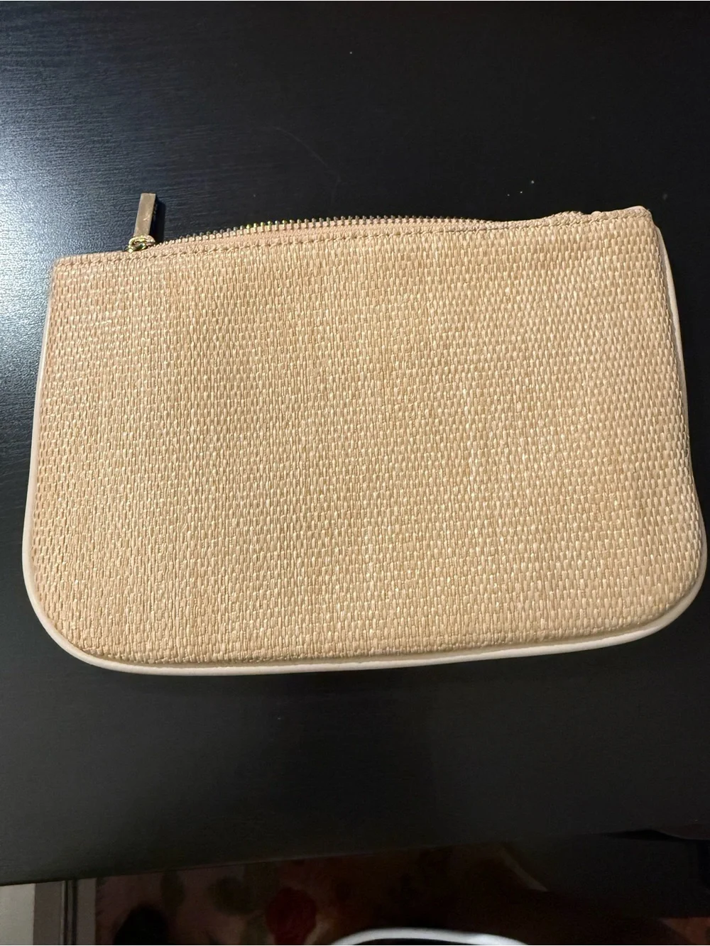 Seed Heritage cream & tan woven pouch with initial H. Gold hardware and initial.